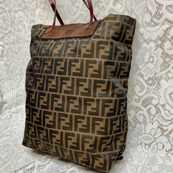 Vintage Fendi Zucca Brown Canvas Tote Hand Bag 14in x 13in x 4in - Picture 3 of 13